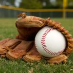 Baseball sitting inside of a baseball glove while lying in the outfield. Slightly cloudy skies with trees in the background.