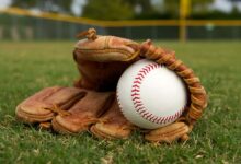 Baseball sitting inside of a baseball glove while lying in the outfield. Slightly cloudy skies with trees in the background.