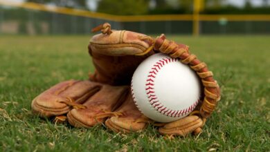 Baseball sitting inside of a baseball glove while lying in the outfield. Slightly cloudy skies with trees in the background.