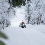 A person on a snowmobile traverses through a winter wonderland, with snowy trees and mountains in the background.