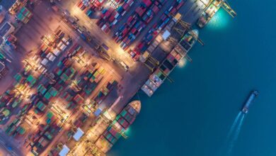 An overhead view shows a shipping cargo port. Large cranes are moving containers onto large cargo ships, and lights are on.