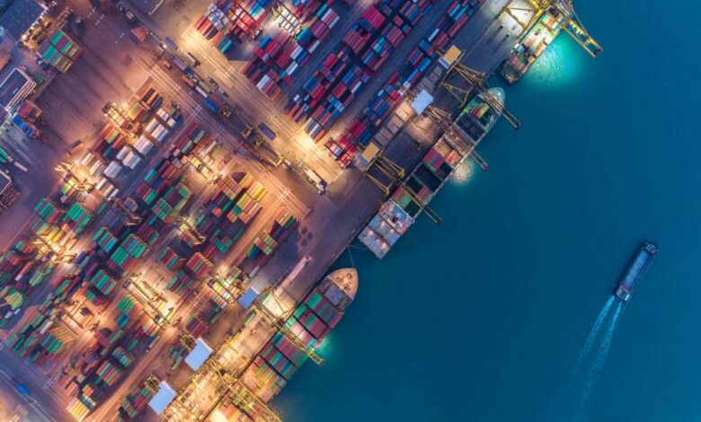 An overhead view shows a shipping cargo port. Large cranes are moving containers onto large cargo ships, and lights are on.