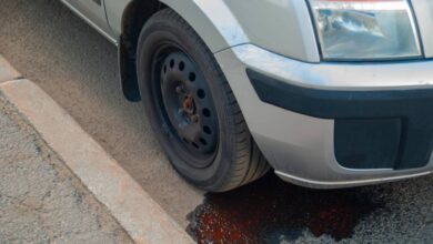 A car parked next to a sidewalk. There's red fluid leaking from underneath the car, pooling by the front tire.