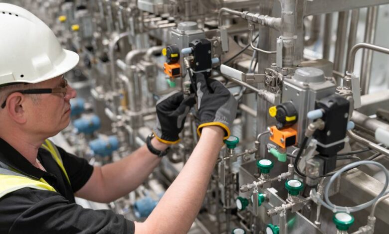 A worker wearing PPE checks a valve in a pneumatic system. There are several intricate tubes and other valves in the system.