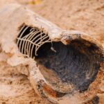 A broken and corroded industrial metal pipe with exposed wire reinforcement lying in red, clay-like soil.
