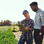 A man and woman stand in a farm field. The woman holds a large tablet and they look down at it together.