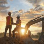 Two construction workers wearing safety vests and hard hats standing on a mound of dirt in front of an excavator.
