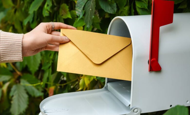 A person's hand retrieving a manila envelope from a white mailbox with a red flag surrounded by greenery.
