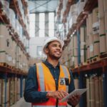 A worker in a warehouse smiles as he types on a digital tablet. He wears a white hard hat and an orange and red vest.