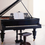 A black grand piano rests in the middle of a bright, empty room with beige walls and flooring and a window.