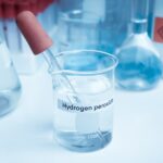 A glass container contains a clear liquid with a label that reads "hydrogen peroxide." A dropper sits in the container.