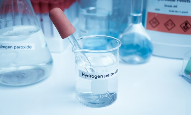 A glass container contains a clear liquid with a label that reads "hydrogen peroxide." A dropper sits in the container.