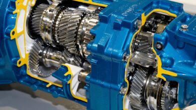 An industrial gearbox that's cut open showing the gears and connections. The gearbox is blue plated with yellow accents.