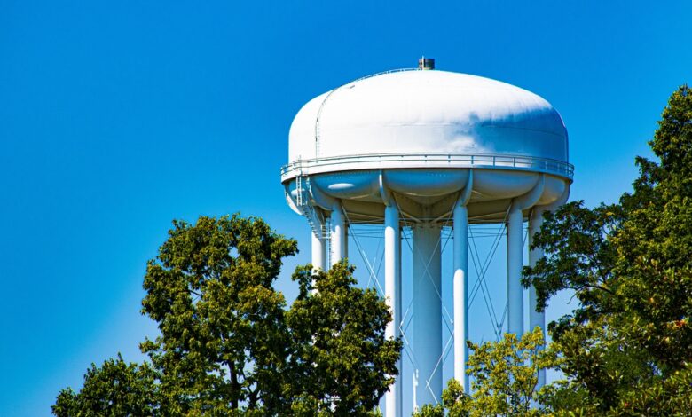 A white dome-shaped water tower against a clear blue sky. Several green trees are growing around it.