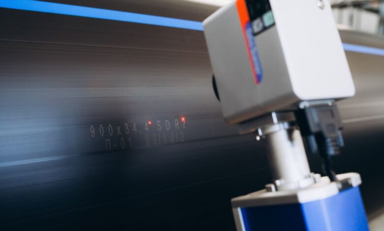 A laser marking machine burning numbers and letters onto the surface of a black water pipe in a factory.