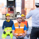 A group of five shipyard workers in PPE sit and pay attention to a man facing them to give instructions.