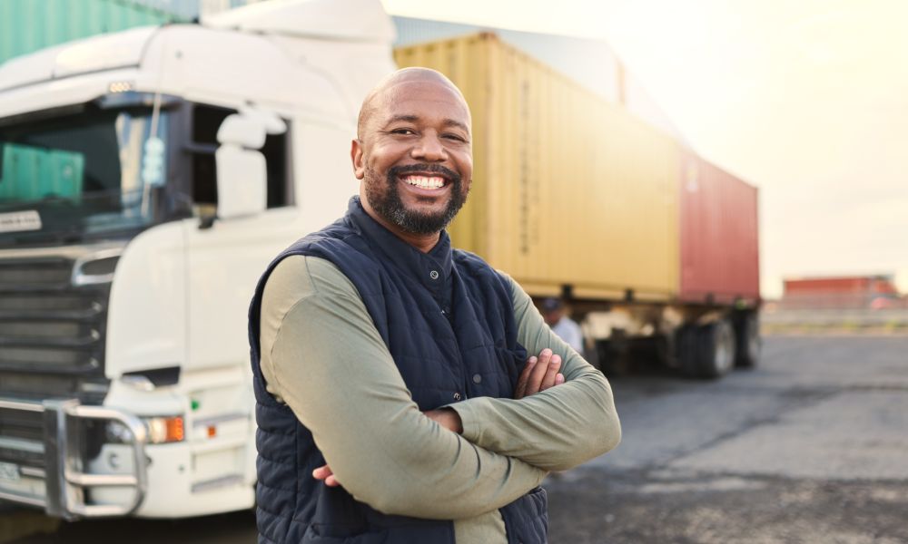A smiling, industrial Black male truck driver is standing in front of a large semi-truck used to transport goods.