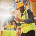 Two warehouse workers in safety vests and hard hats look closely at an electronic tablet in front of boxes on shelves.