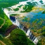 An overhead view of the entirety of Victoria Falls, on the border between Zambia and Zimbabwe.