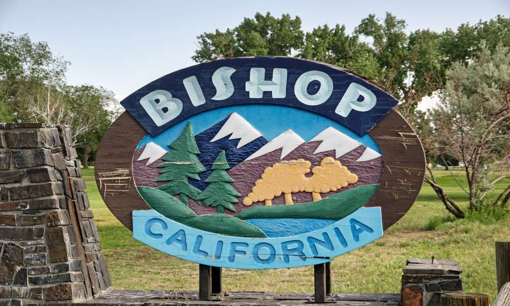 A sign featuring mountains, a river, and trees, with the words Bishop California. The sign sits in a natural area.