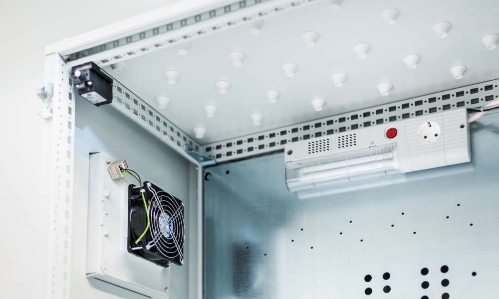 A metal enclosure houses a fan and an electric lamp mounted against smooth white interior surfaces.