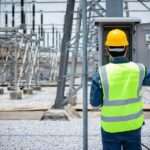 An engineer is inspecting electrical equipment at a high-voltage substation, wearing safety gear and a yellow helmet.