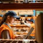 From inside a shelving unit, a warehouse worker is on a laptop. Two boxes on the shelf frame her as she works.