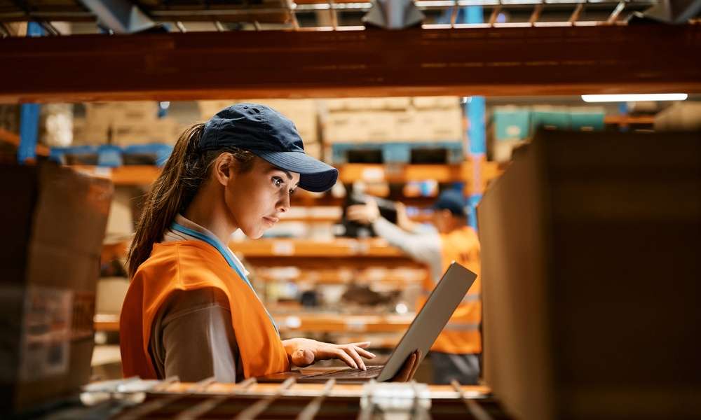 From inside a shelving unit, a warehouse worker is on a laptop. Two boxes on the shelf frame her as she works.