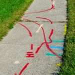 A residential sidewalk between green grass with various colored markings and lines to identify underground utilities.