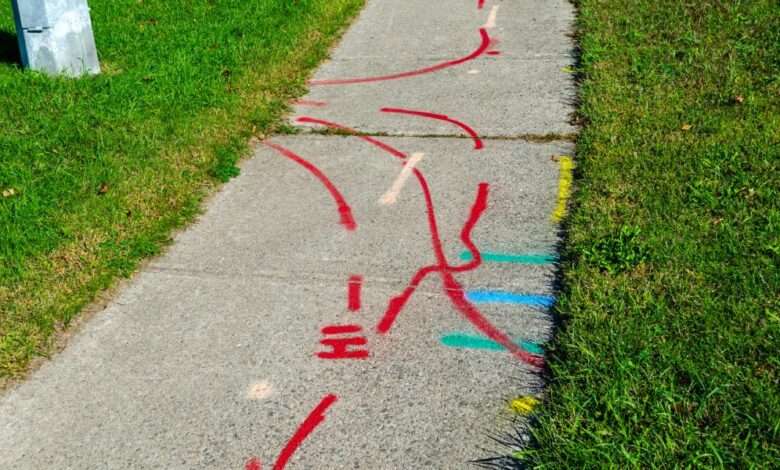 A residential sidewalk between green grass with various colored markings and lines to identify underground utilities.