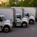 Five identical cargo trucks sit side by side in a parking lot. An area of trees with green leaves stands in the background.