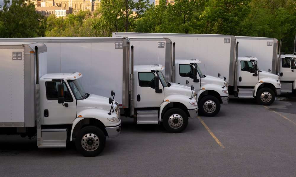 Five identical cargo trucks sit side by side in a parking lot. An area of trees with green leaves stands in the background.