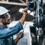 A man wearing a white hard hat, safety goggles, and blue shirt pulls down the lever on an industrial equipment.