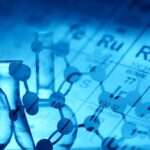 A molecular structure is superimposed over a periodic table of elements and the outlines of glass beakers and flasks.