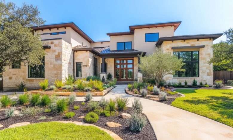 A modern home sits behind beautiful, well-maintained landscaping with trees, plants, stones, and hardscaping features.