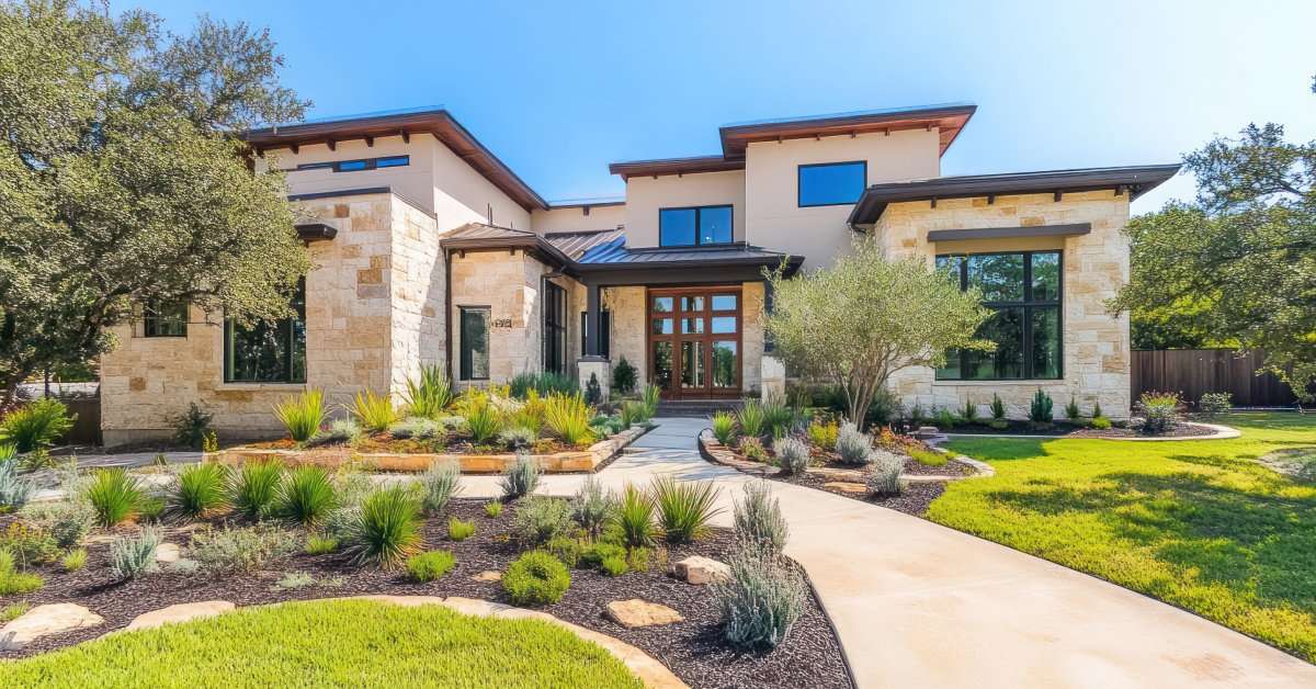 A modern home sits behind beautiful, well-maintained landscaping with trees, plants, stones, and hardscaping features.