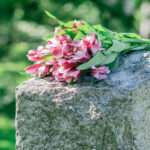 Pink and purple flowers rest on a weathered gray headstone in a cemetery, with blurred green foliage in the background.