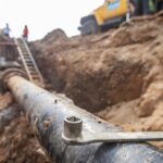 An underground pipeline that's been uncovered. There is a wrench balancing on top of it and some people in the background.