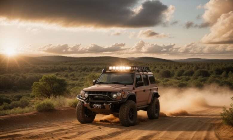 A rugged autonomous off-road vehicle with roof lights kicks up dust on a dirt trail through forested hills at golden hour.