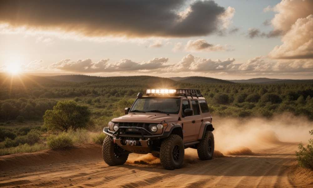 A rugged autonomous off-road vehicle with roof lights kicks up dust on a dirt trail through forested hills at golden hour.