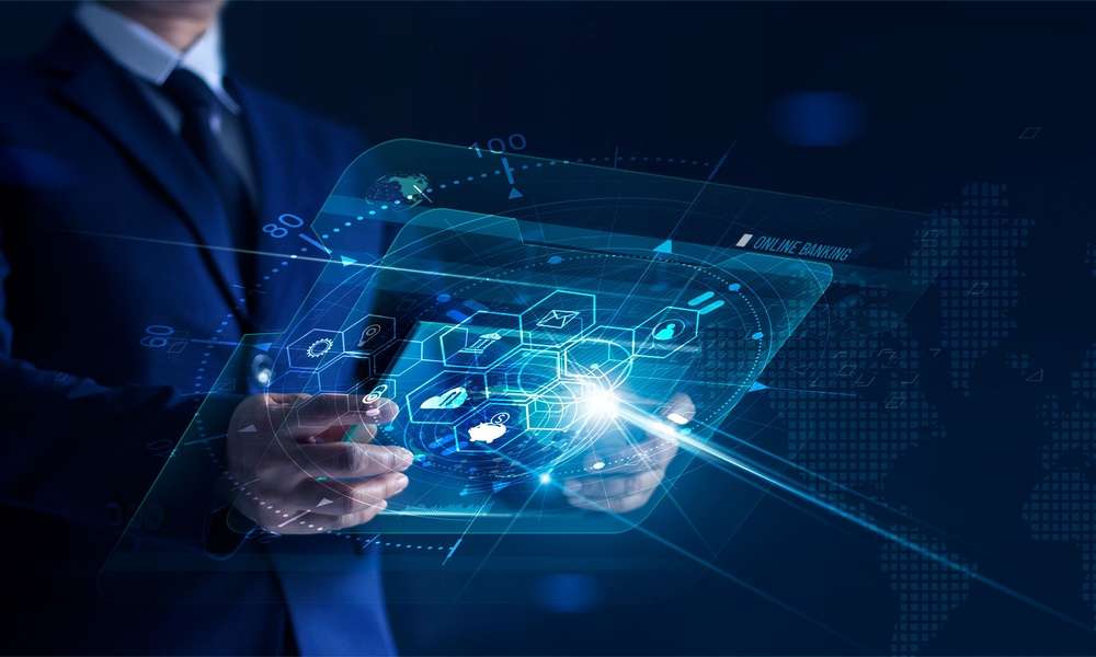 A businessperson is holding a modern virtual interface banking mobile device with an icon network connection.