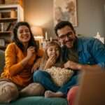 Smiling parents and their young daughter sit on a cozy couch, sharing popcorn and watching TV together in a warm living room.