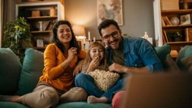 Smiling parents and their young daughter sit on a cozy couch, sharing popcorn and watching TV together in a warm living room.