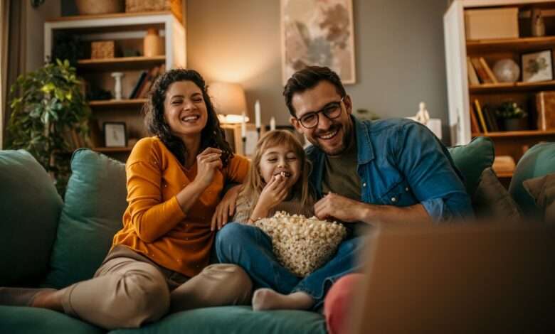 Smiling parents and their young daughter sit on a cozy couch, sharing popcorn and watching TV together in a warm living room.