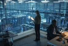 Two cybersecurity colleagues stand in a room overlooking a data center server rack illuminated with multiple fluorescent lights.