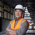 A construction worker wearing a white hard hat and an orange safety vest smiles. He stands in an alleyway.