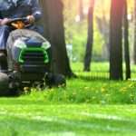 A man sitting on a riding lawn mower as he drives it through some tall grass and dandelions in a park.