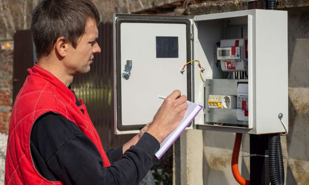 A person looking at an electrical energy meter outside while writing notes in a small purple notebook.