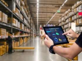 An over-the-shoulder view of a man in a black polo using a smart tablet in the aisle of a large warehouse.