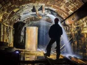 The backside of a person standing in the tunnel of a mine. Water spews out of a pump from the top of the tunnel.